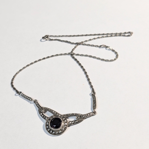 Vintage sterling silver 925 Birks marcasite garnet 1940s chain necklace - Picture 2 of 6